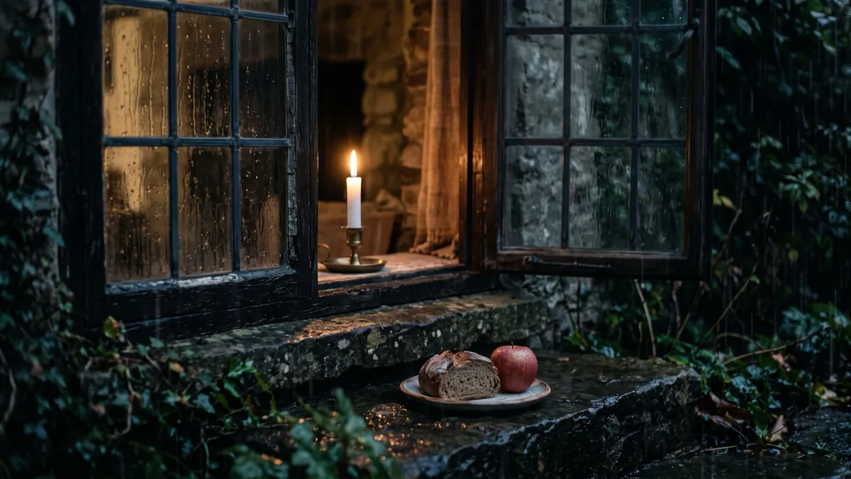 A candle glowing in a cottage window beside bread and an apple on the sill
