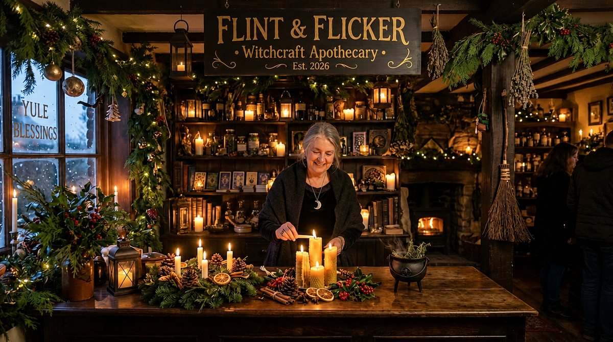 A shopkeeper lighting candles among a Yule wreath of pine, holly and dried oranges