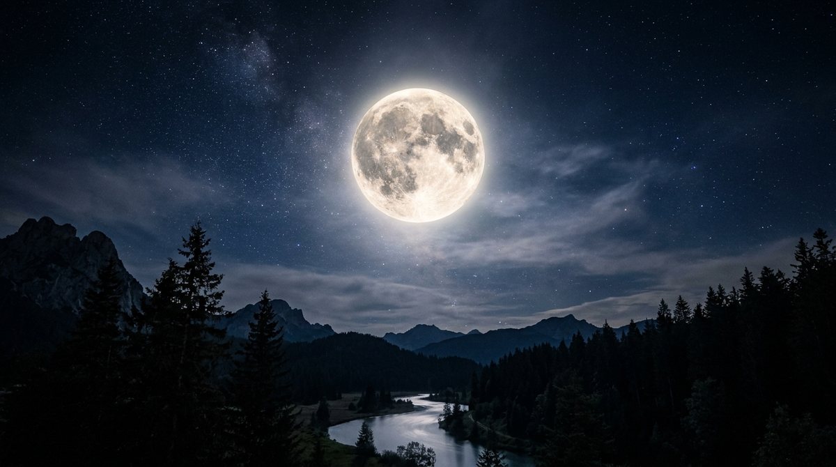 A full moon glowing over a dark pine forest and a winding river