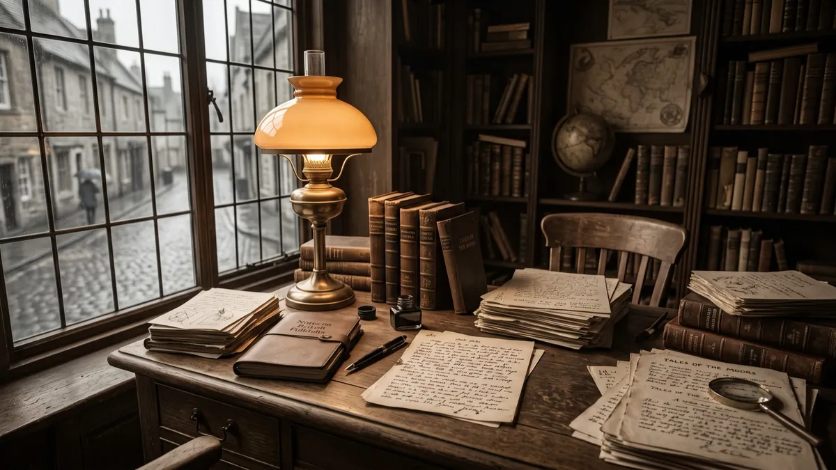 A scholar's study with stacks of old books and a brass lamp beside a rainy window