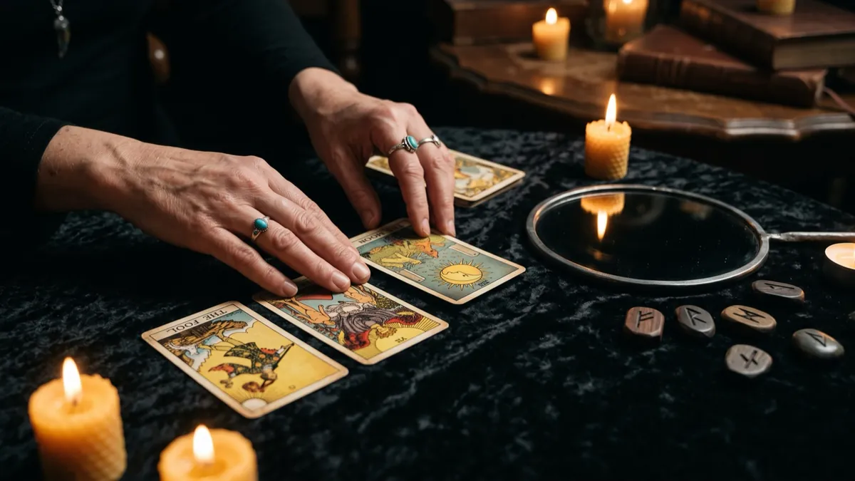 Hands laying out tarot cards by candlelight