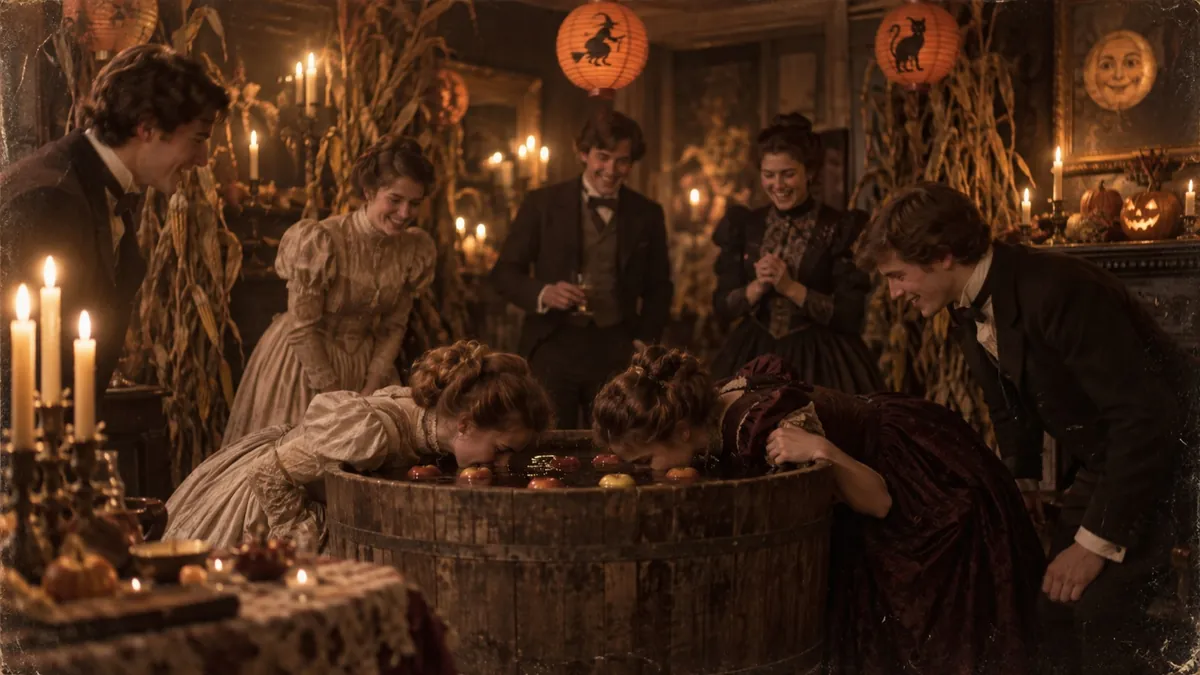 A candlelit Victorian Halloween party with guests bobbing for apples