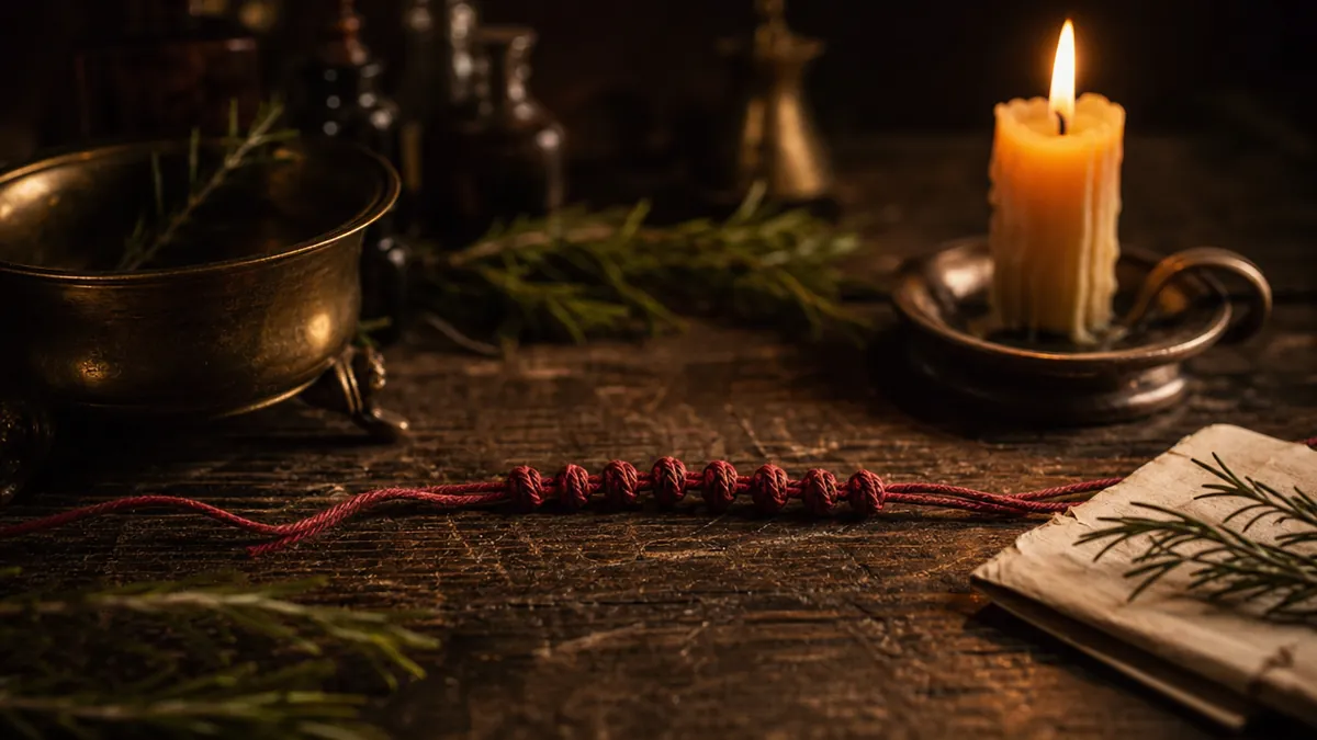 A red cord tied with nine knots beside a lit candle, rosemary and a brass bowl