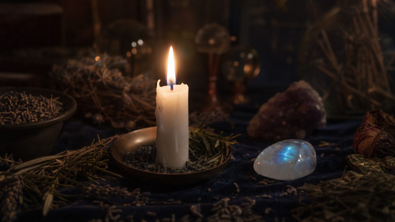 A candle, herbs and a moonstone on a dark altar
