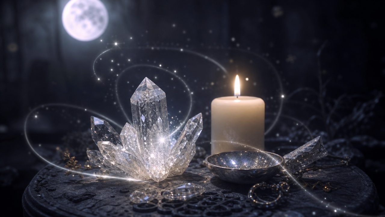 A clear quartz cluster glowing beside a candle under the moon