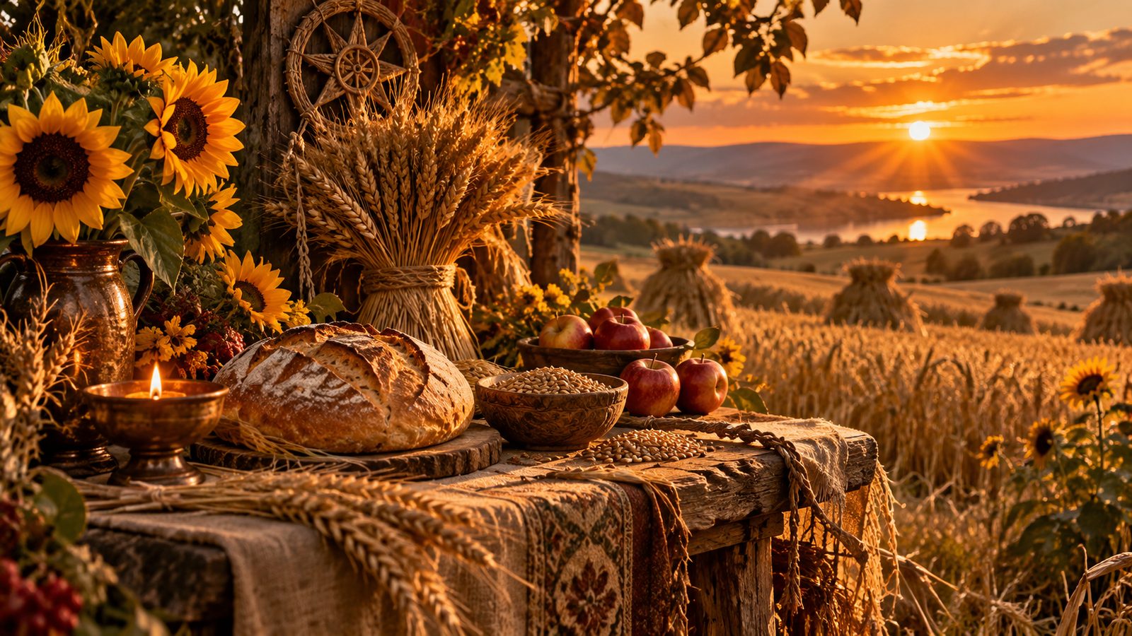 Loaves of bread, a sheaf of wheat and apples on a harvest table in golden fields