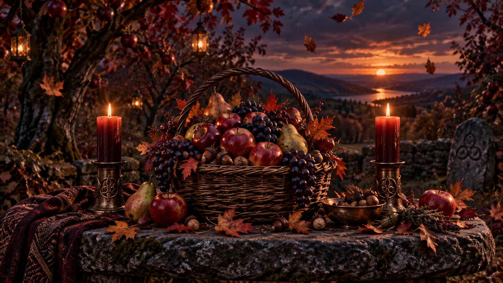 A basket of apples, grapes and pears at an autumn altar at dusk