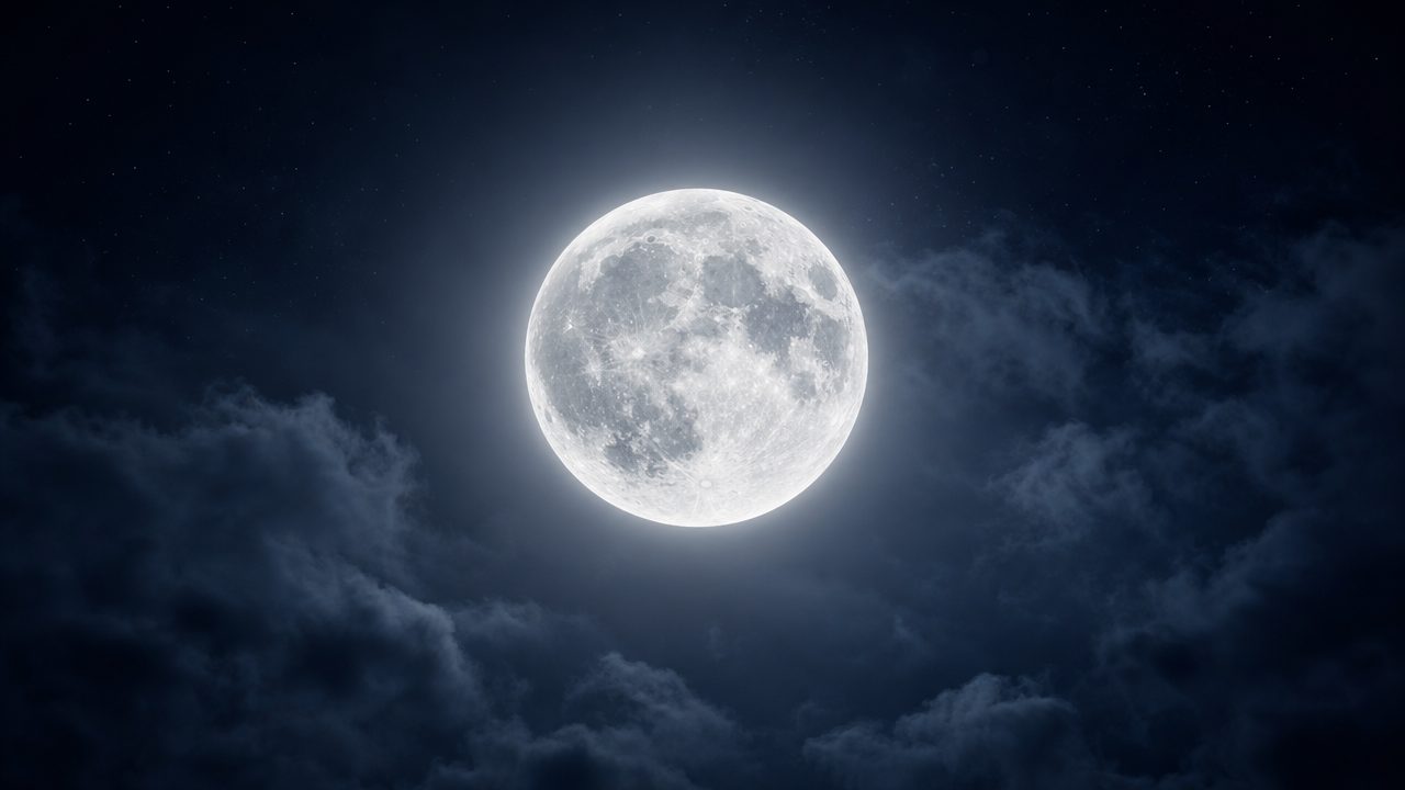 A bright full moon among dark clouds