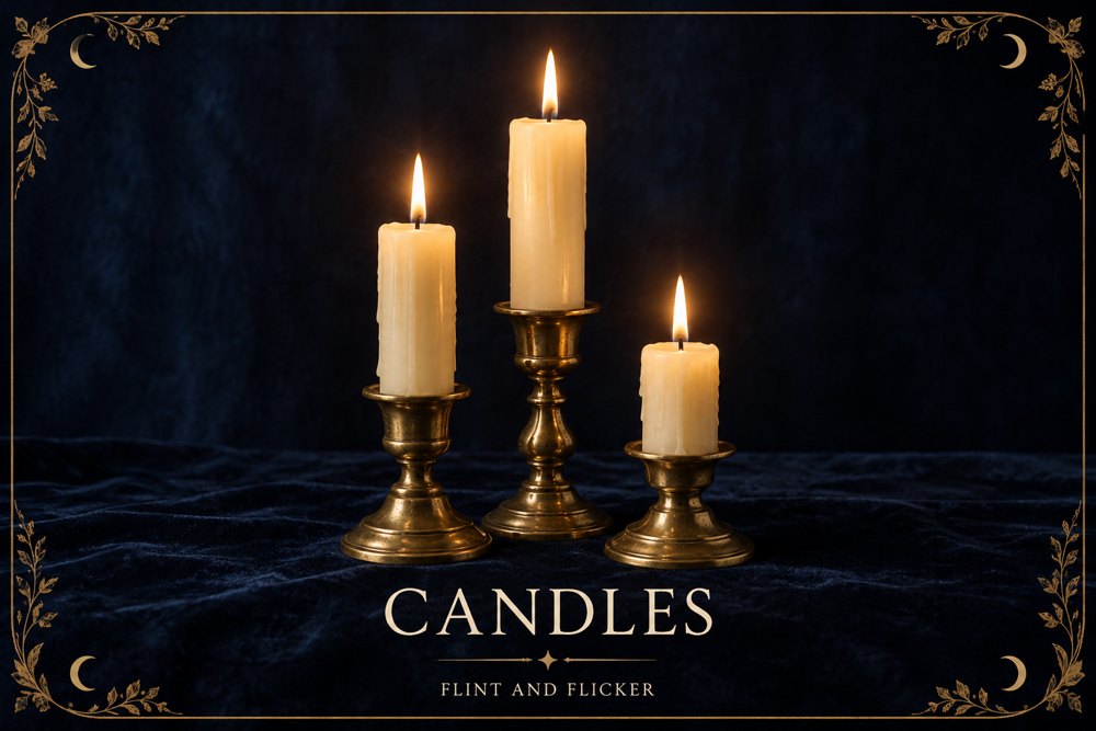 Three lit pillar candles in brass holders