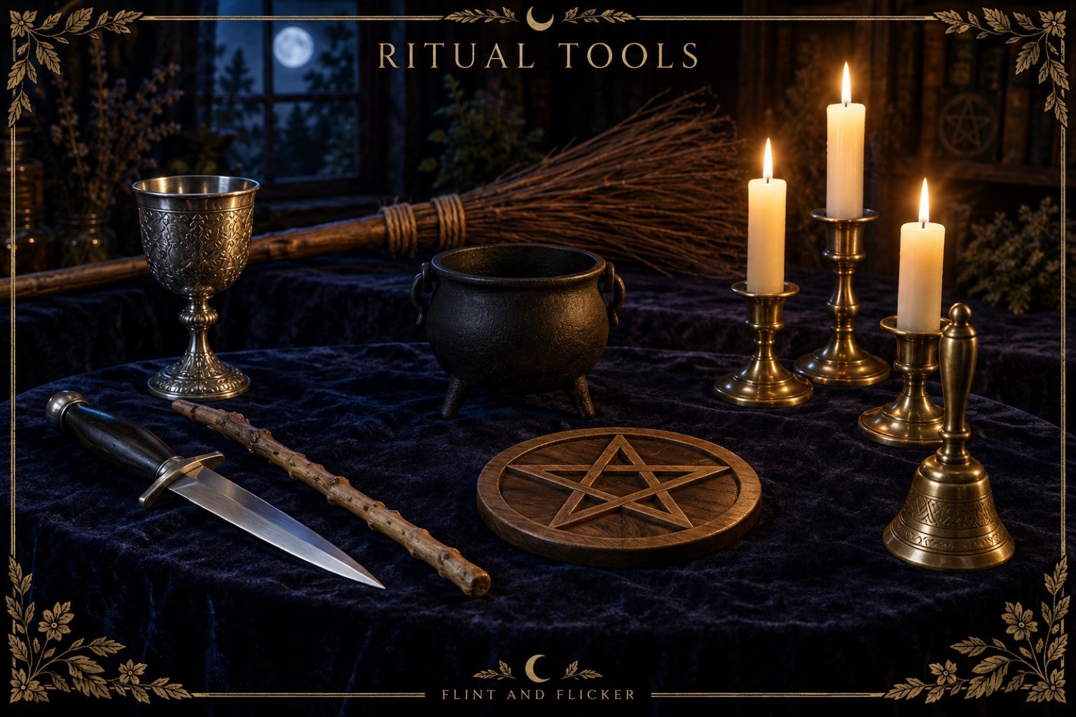 Ritual tools on a dark altar: a chalice, cauldron, besom, athame, pentacle and lit candles