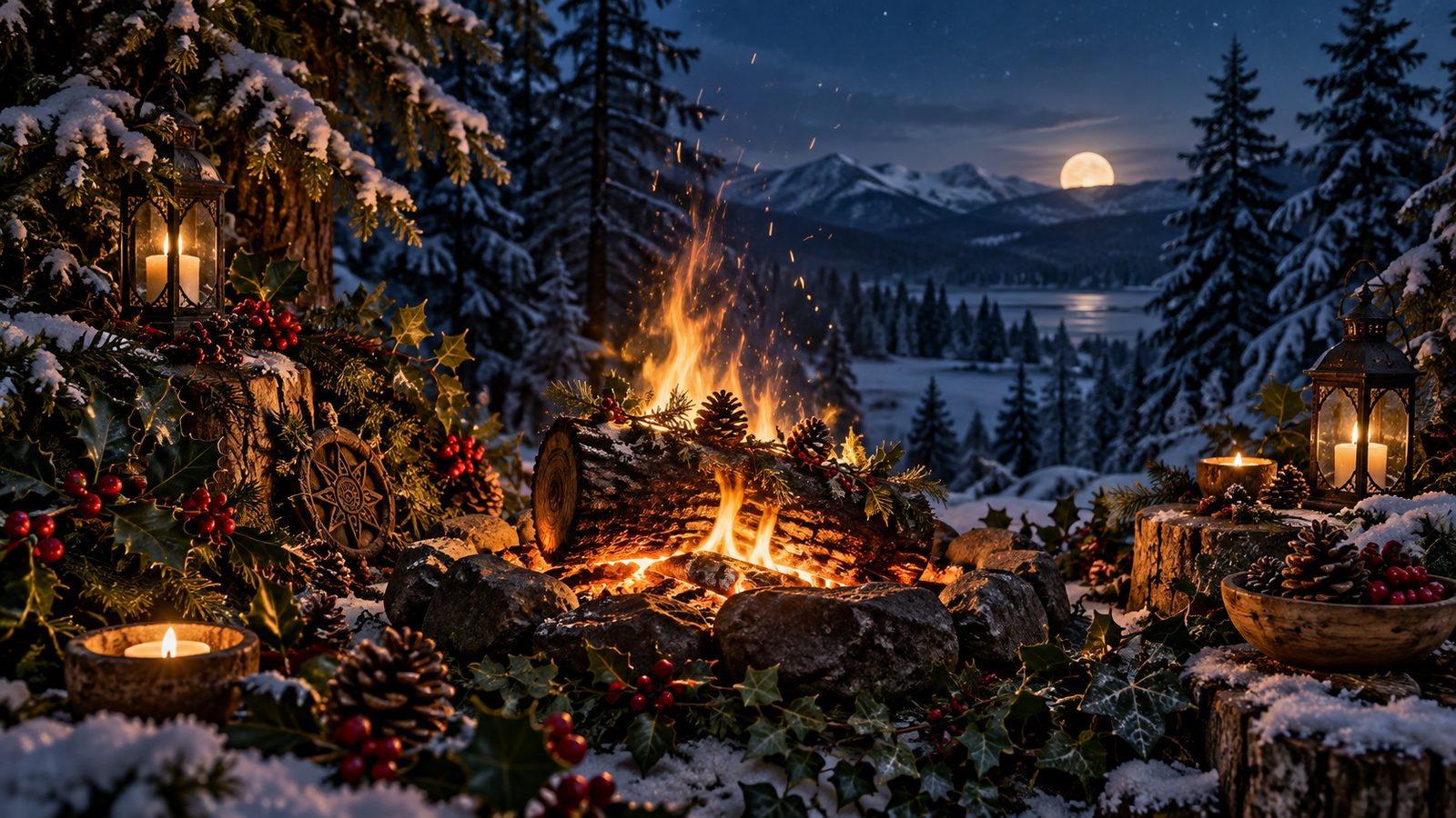 A Yule log fire burning among snowy pines and holly under a winter moon